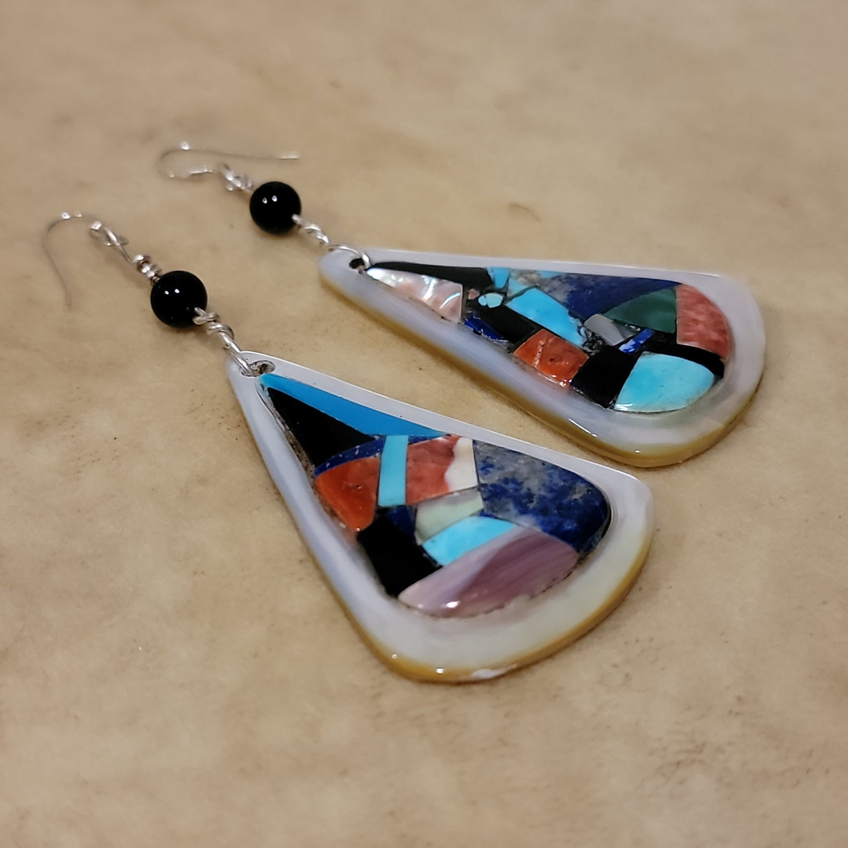 Tear Drop Shaped Mosaic Inlay Zuni Earrings Indian Jewelry