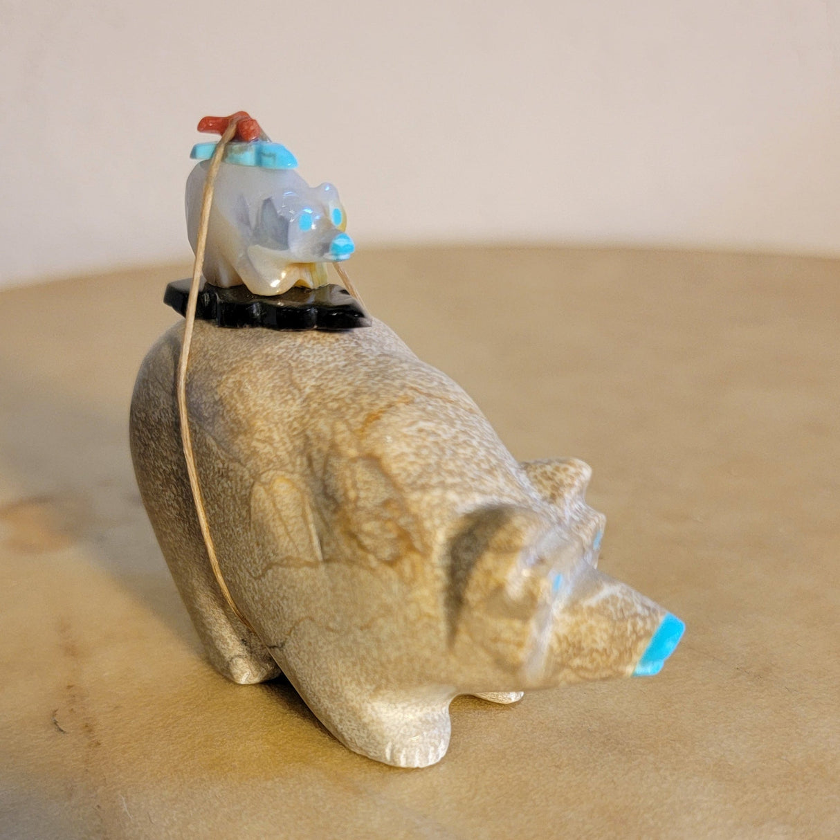 Double Travertine and Mother of Pearl Bears Zuni Fetish