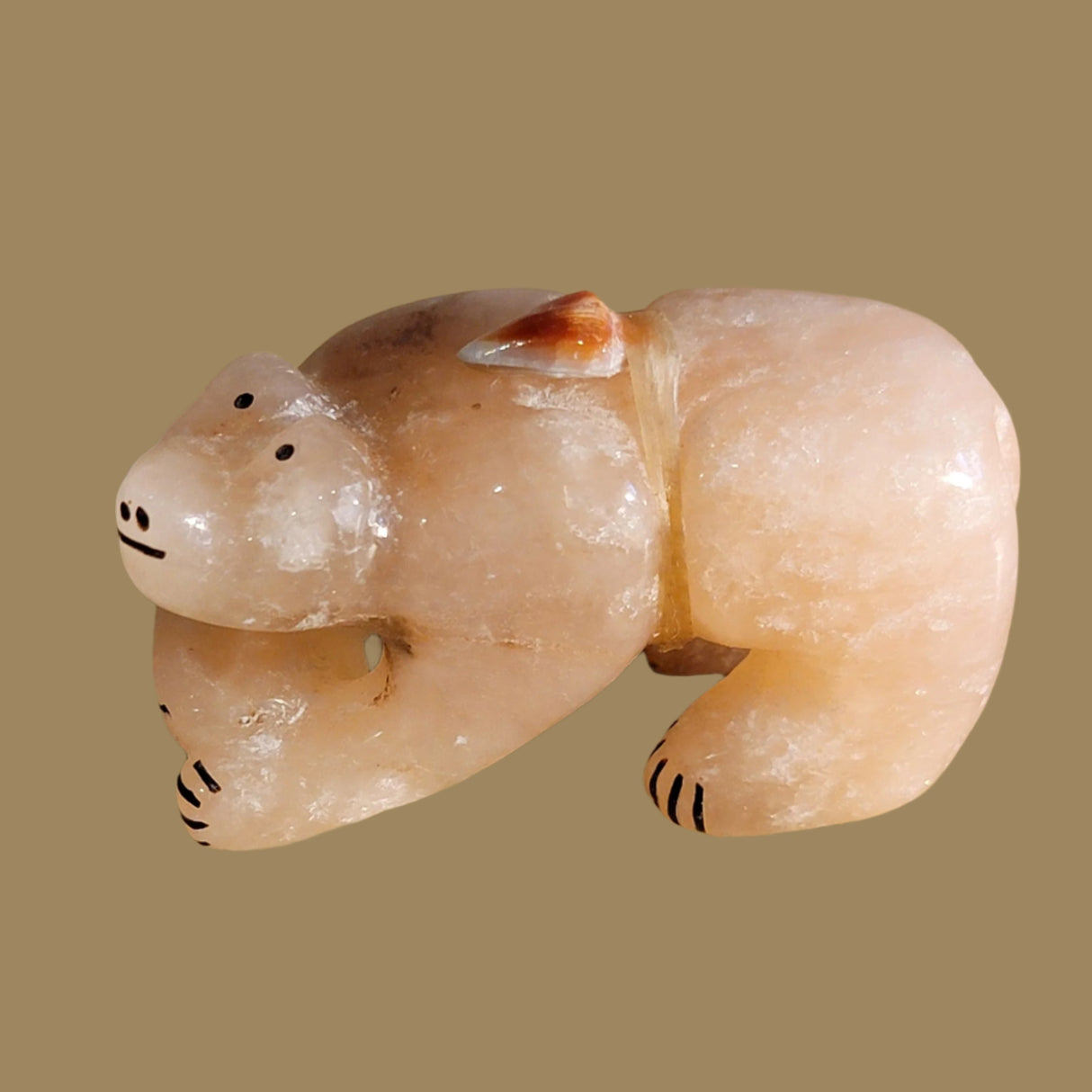 Peach Alabaster Bear w/Pottery Bowl Zuni Fetish