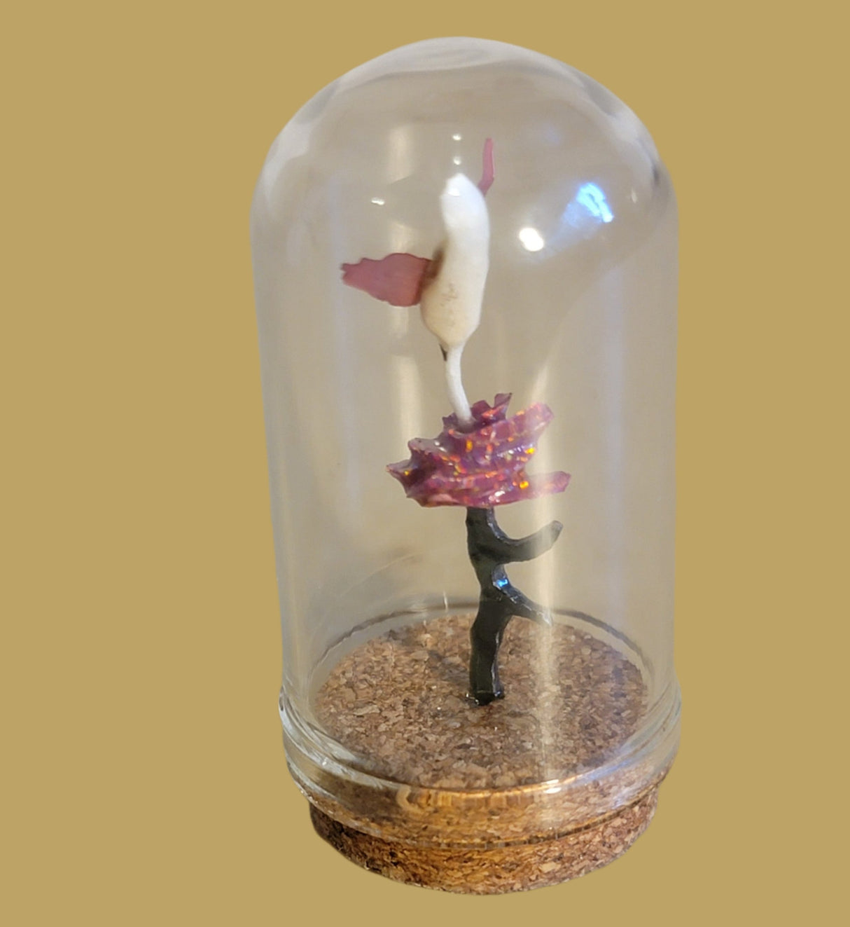 Hummingbird Fetish w/Rose in Miniature Glass Dome Zuni Fetish