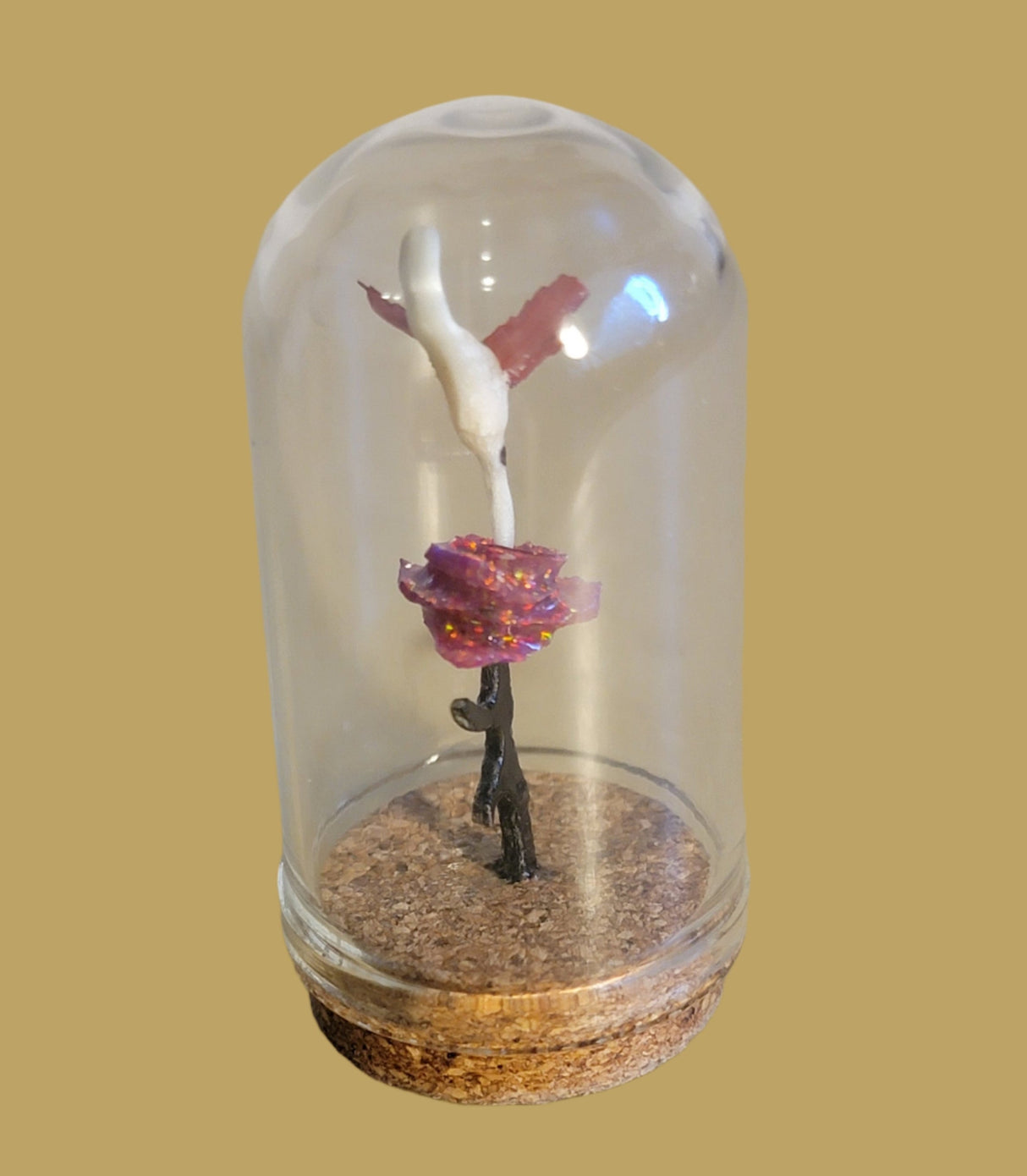 Hummingbird Fetish w/Rose in Miniature Glass Dome Zuni Fetish