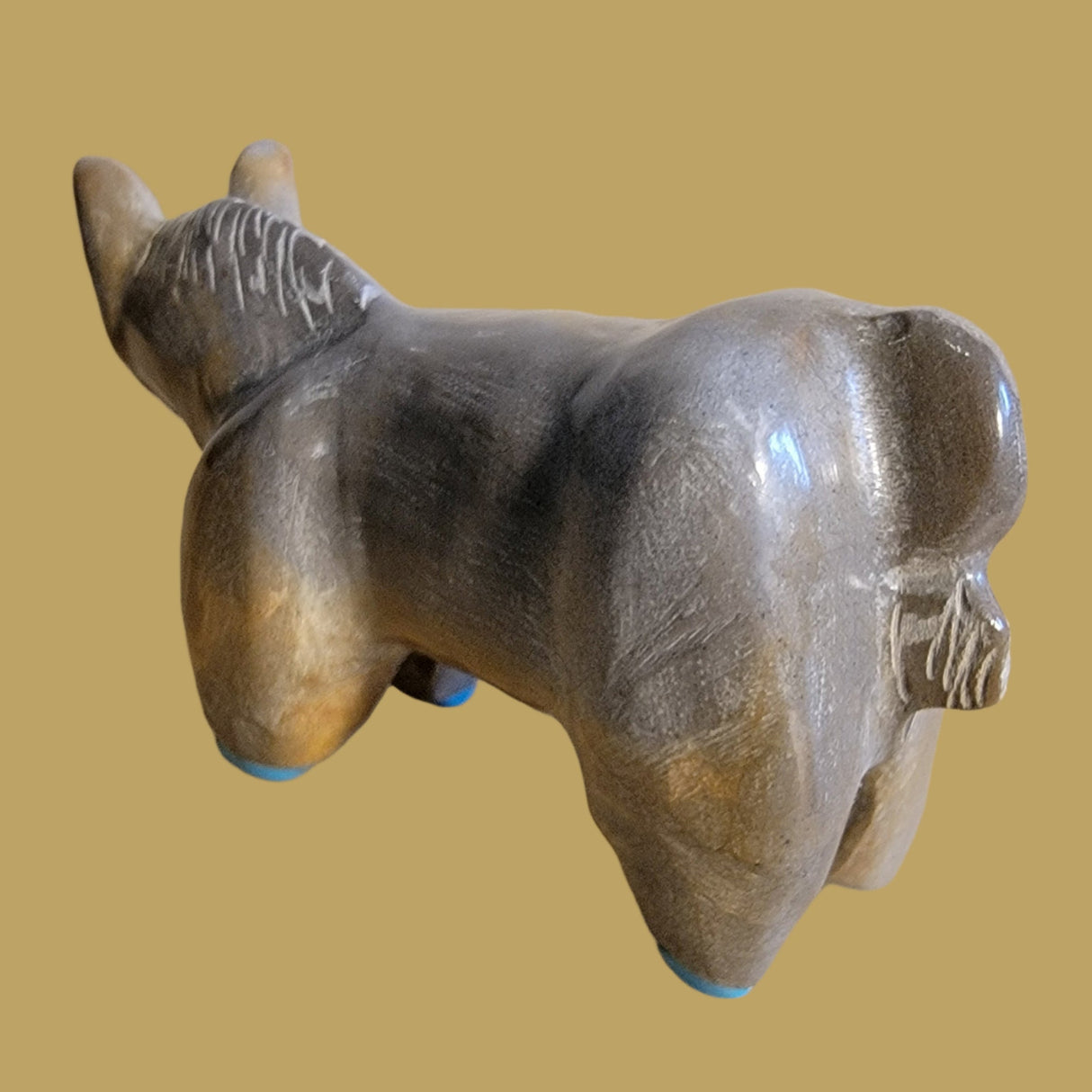 Travertine Horse w/Turquoise Hooves and M.O.P. Nose Zuni Fetish