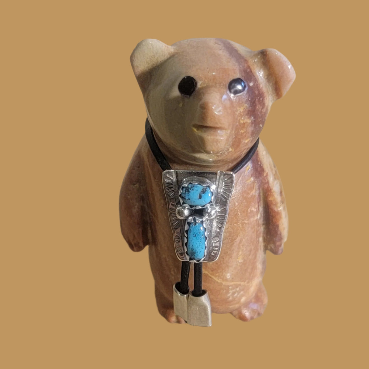 Darling Dolomite Bear w/Fancy Sterling Silver and Turquoise Bolo Tie Zuni Fetish