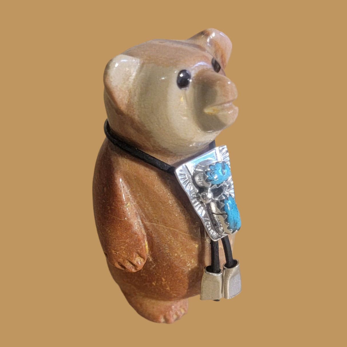 Darling Dolomite Bear w/Fancy Sterling Silver and Turquoise Bolo Tie Zuni Fetish