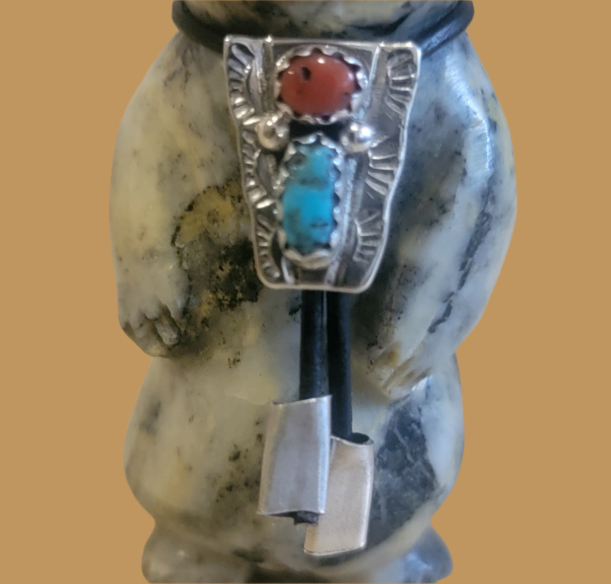 Dressed Up Pinolite Bear w/sterling Silver Bolo Tie Zuni Fetish