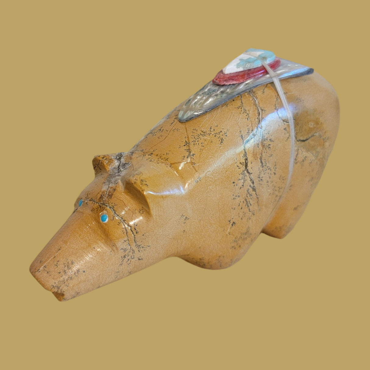 Large Zuni Stone/Travertine Bear with Colorful Pack and Paws Zuni Fetish