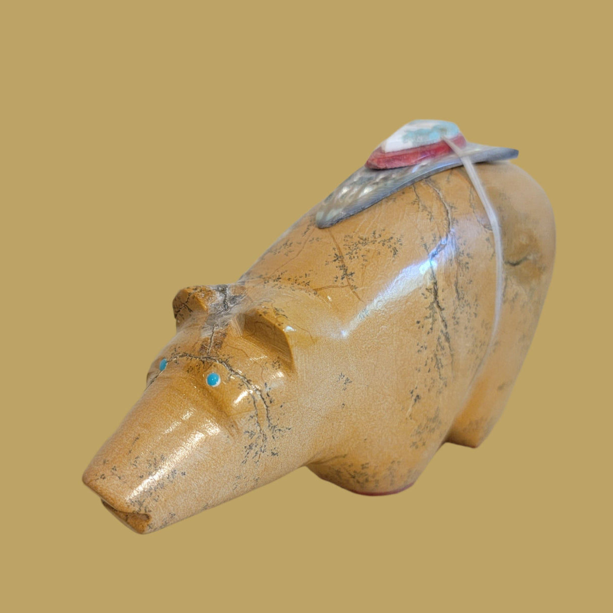 Large Zuni Stone/Travertine Bear with Colorful Pack and Paws Zuni Fetish