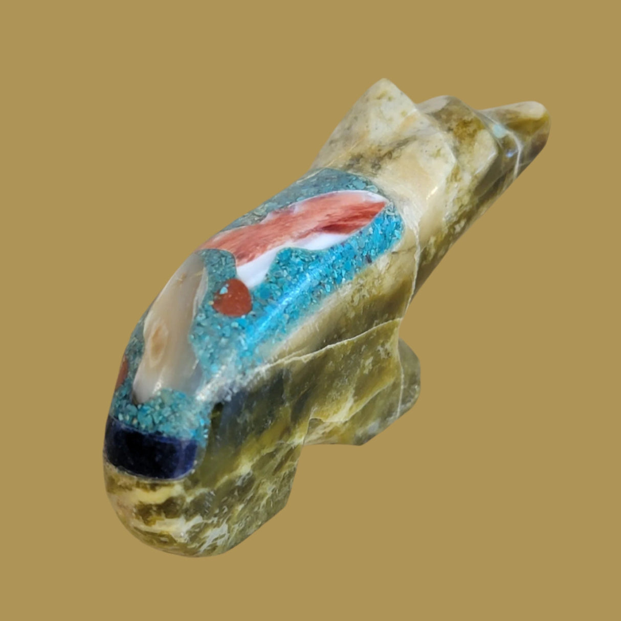 Mosaic Inlay Bear w/ Inlaid Fish Design Zuni Fetish