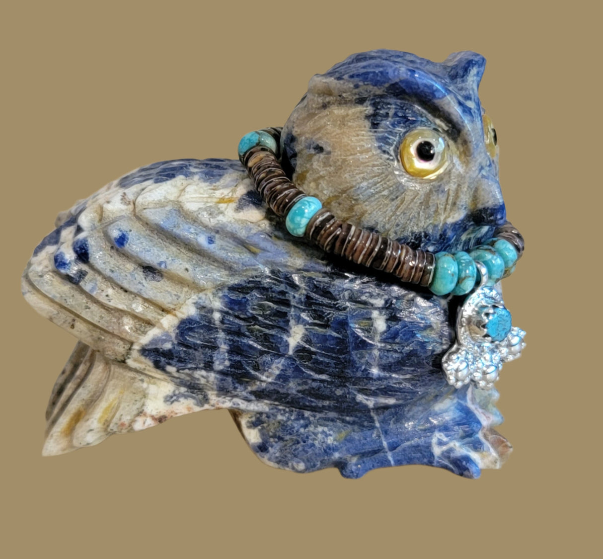 Sunset Sodalite Great Horned Owl with "Bling" Zuni Fetish