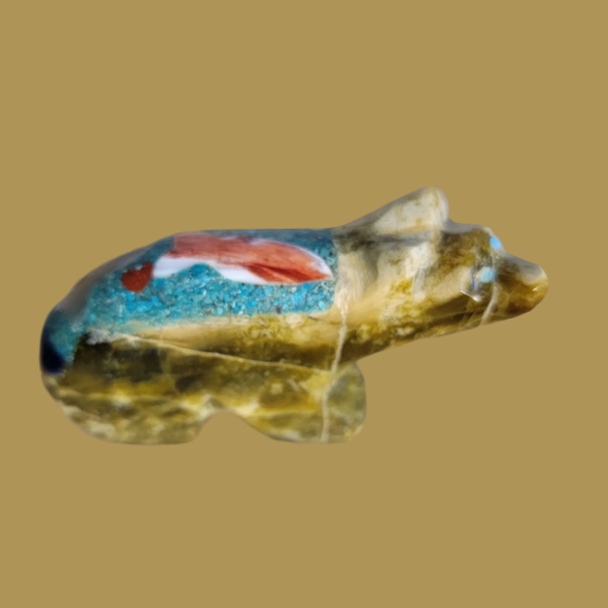 Mosaic Inlay Bear w/ Inlaid Fish Design Zuni Fetish