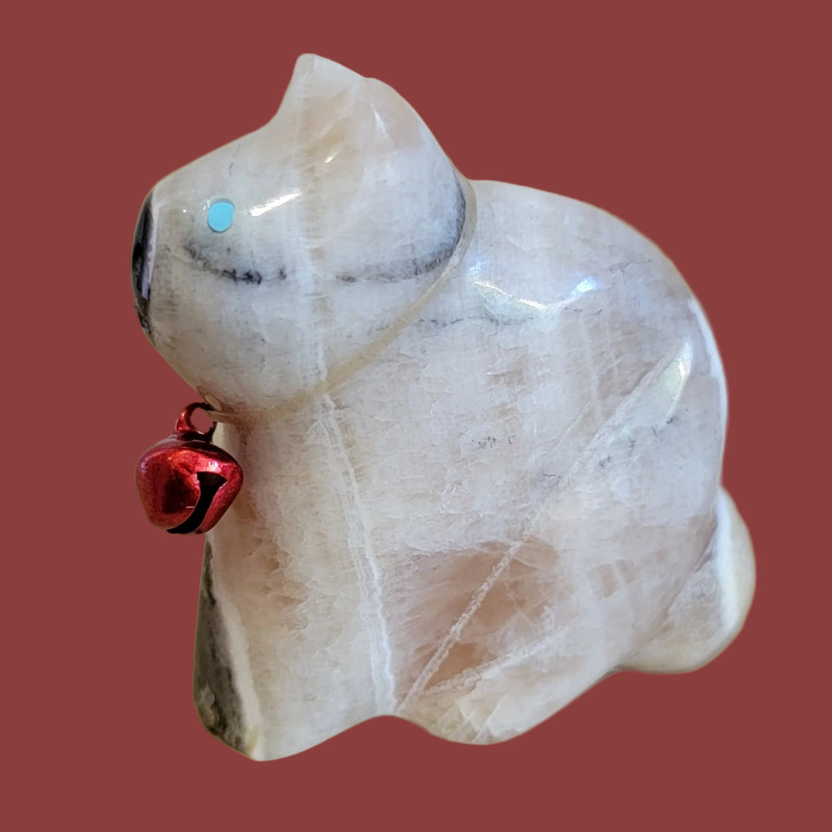 Onyx Kitty Cat w/ Red Jingle Bell Collar Zuni Fetish is Purr-fect for the Holidays