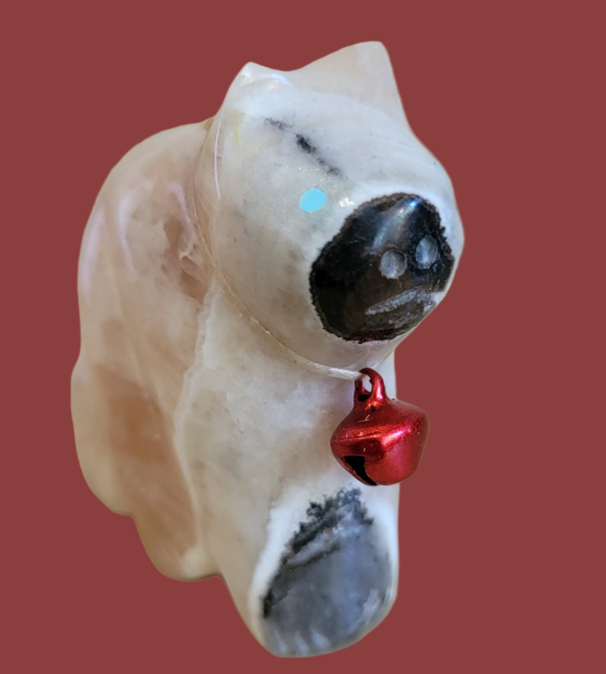 Onyx Kitty Cat w/ Red Jingle Bell Collar Zuni Fetish is Purr-fect for the Holidays