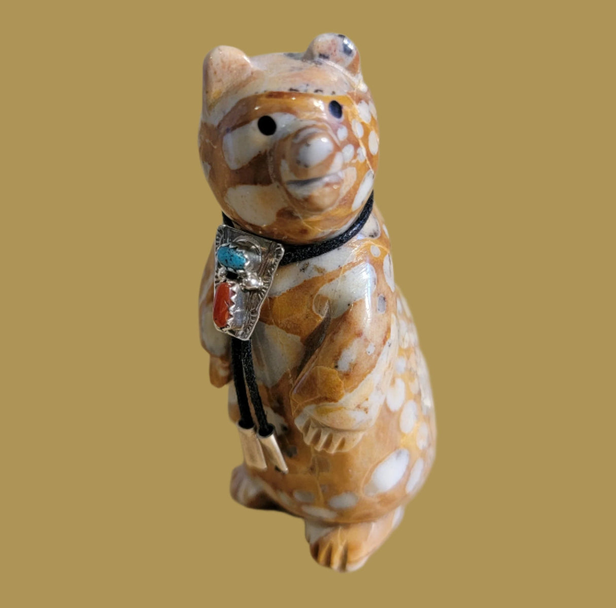 Tijillite Bear Snazzy Dude w/Sterling Silver Turquoise and Coral Bolo Tie Zuni Fetish