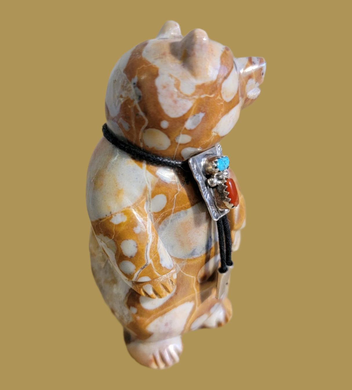 Tijillite Bear Snazzy Dude w/Sterling Silver Turquoise and Coral Bolo Tie Zuni Fetish