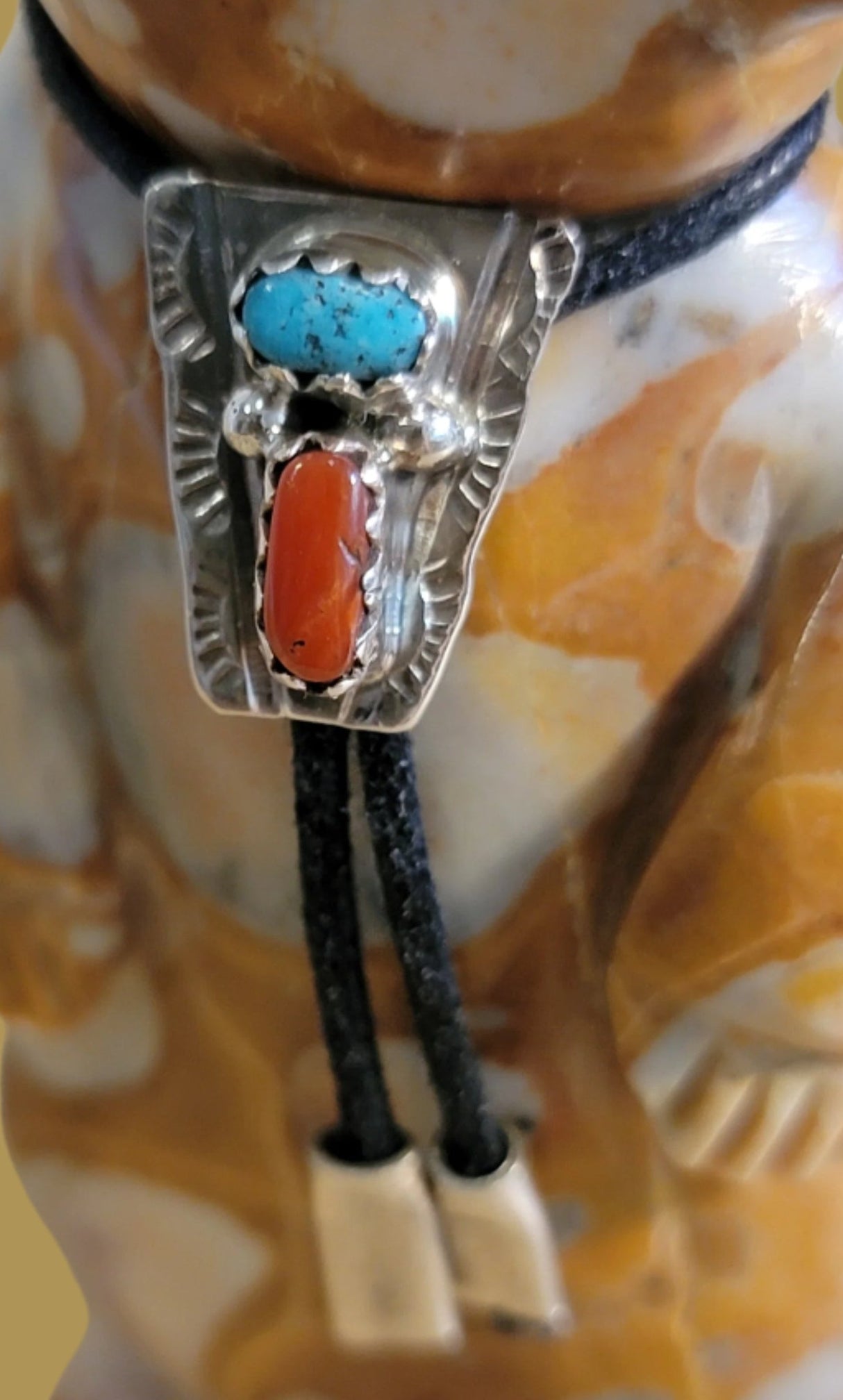Tijillite Bear Snazzy Dude w/Sterling Silver Turquoise and Coral Bolo Tie Zuni Fetish