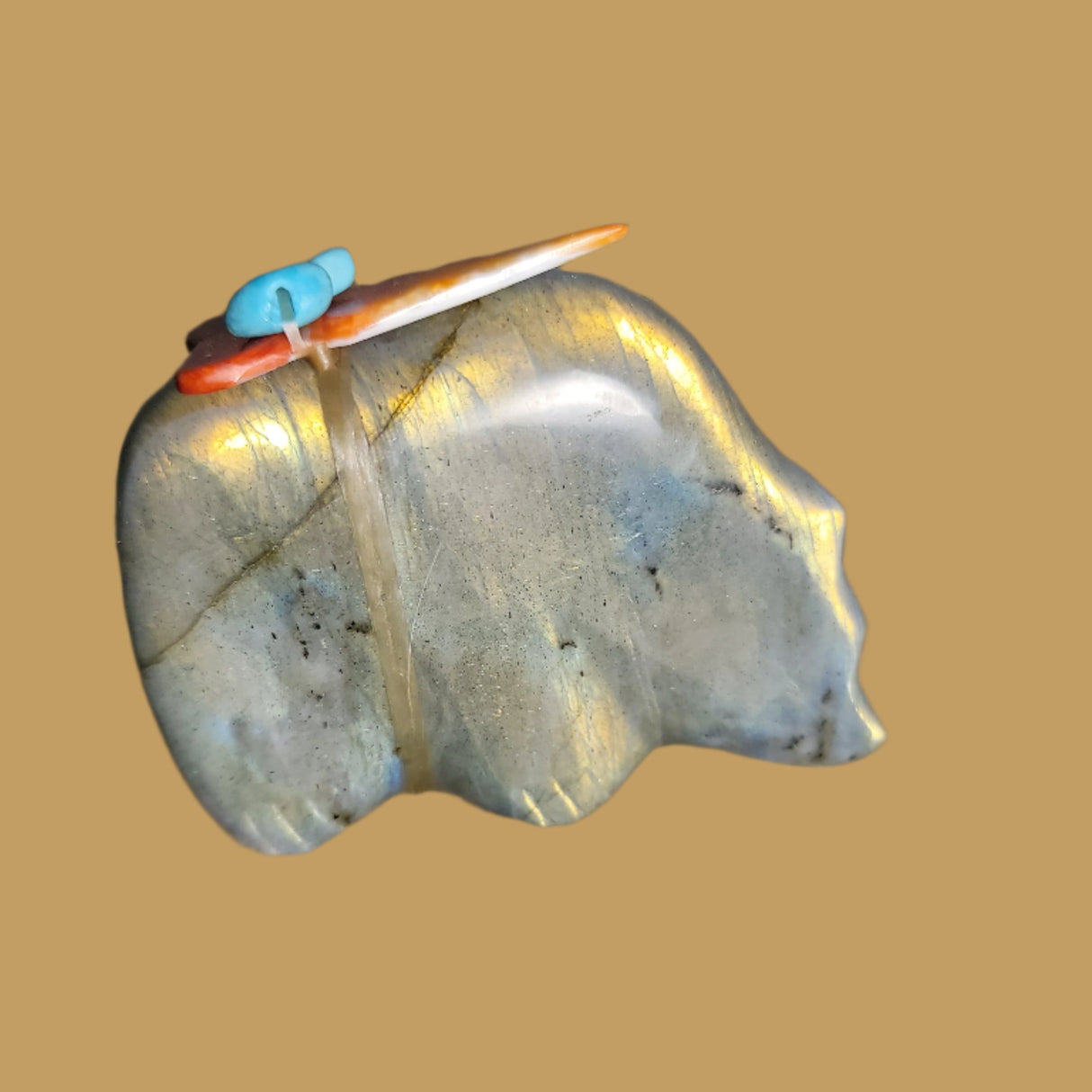 Labradorite Grizzly Bear w/Colorful Offering Zuni Fetish