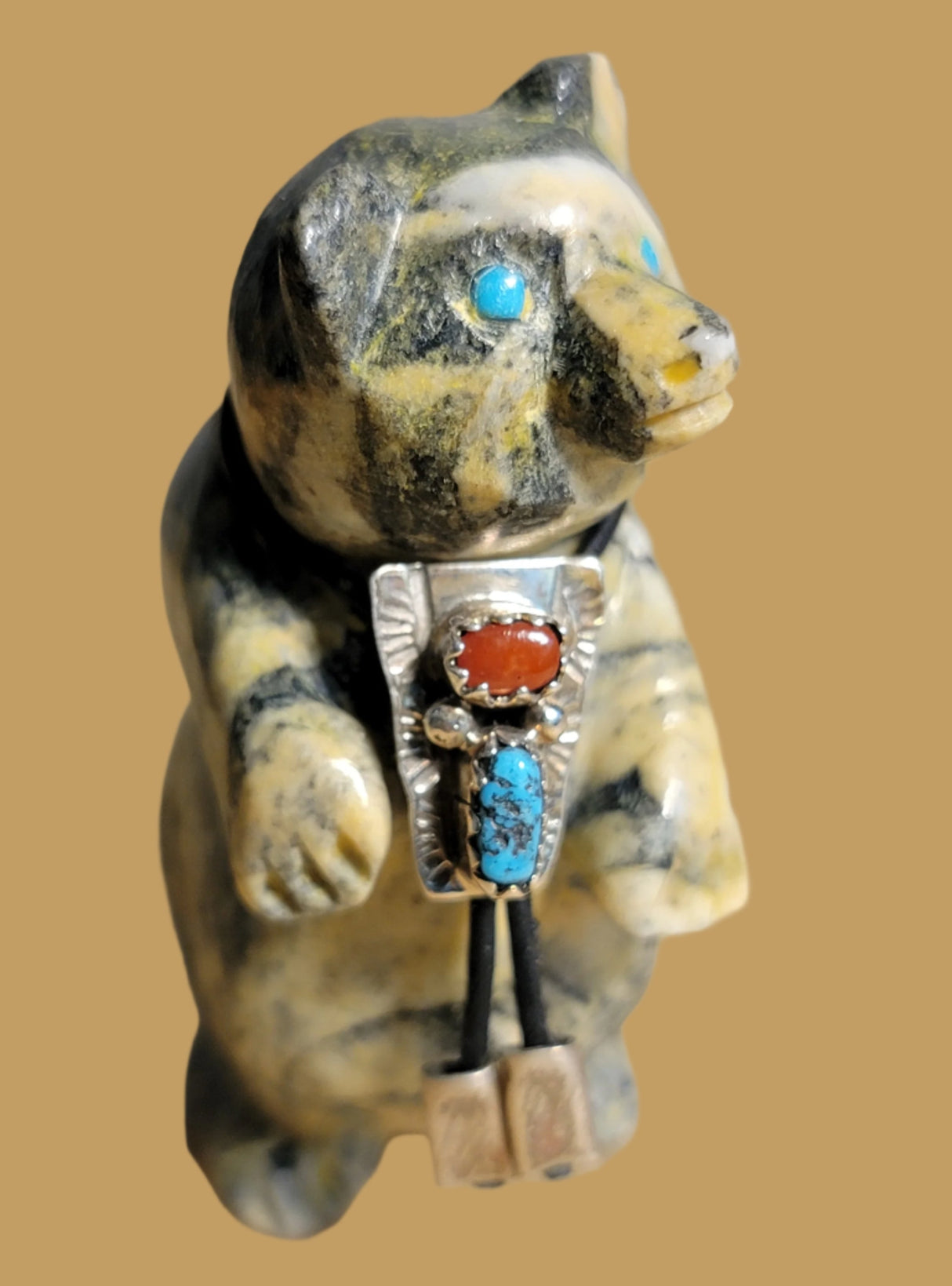 Pinolite Bear w/ Sterling Silver, Coral and Turquoise Bolo Tie