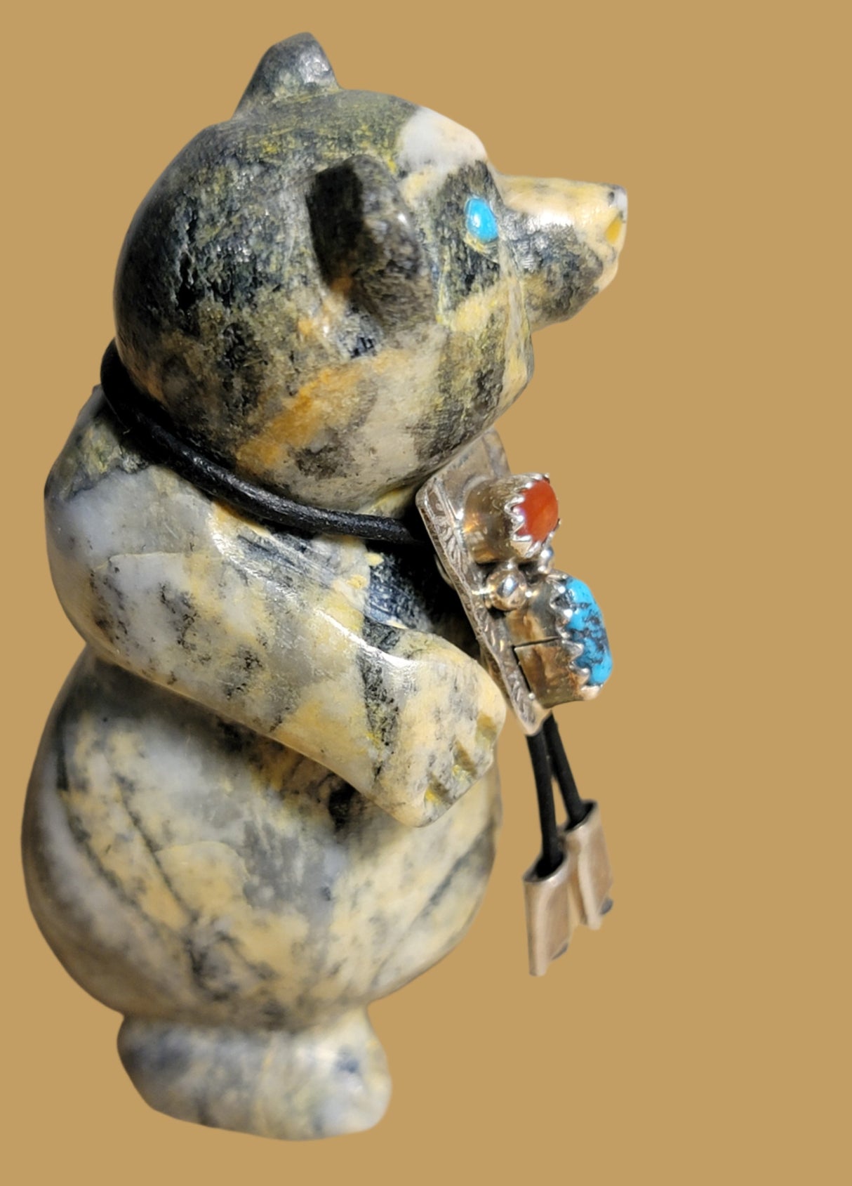 Pinolite Bear w/ Sterling Silver, Coral and Turquoise Bolo Tie