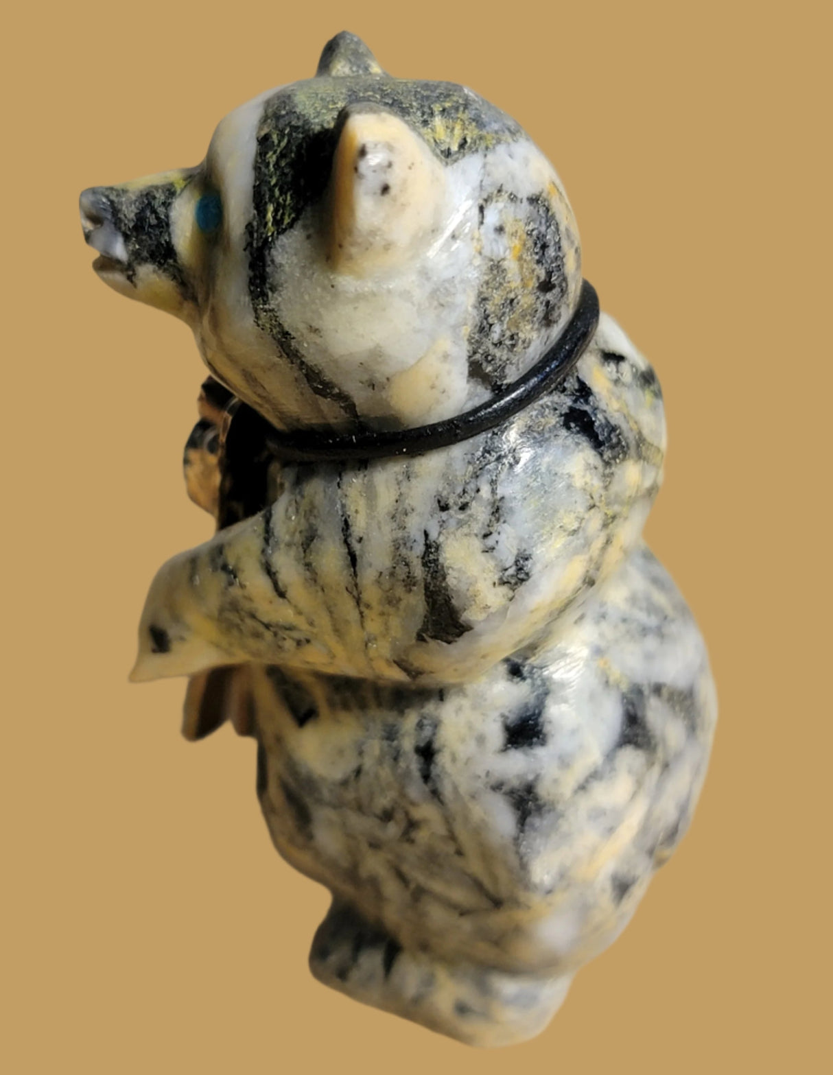 Pinolite Bear w/ Sterling Silver, Coral and Turquoise Bolo Tie