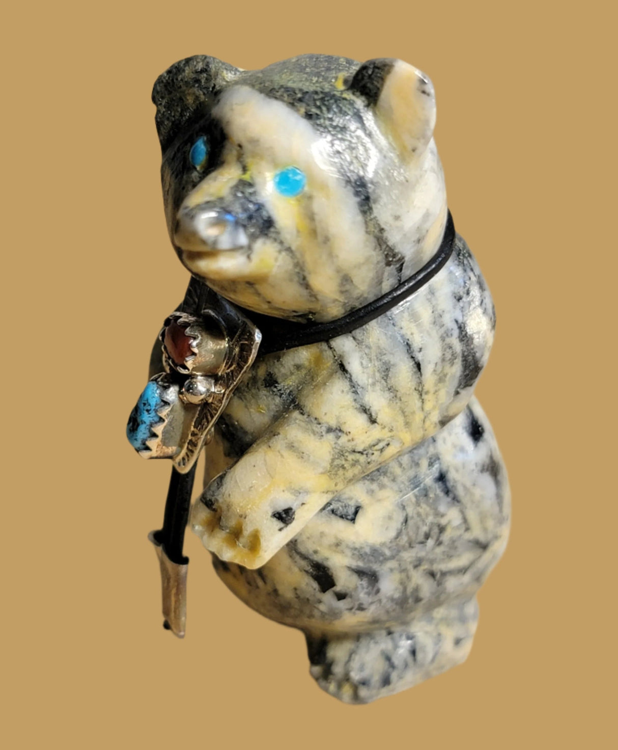 Pinolite Bear w/ Sterling Silver, Coral and Turquoise Bolo Tie