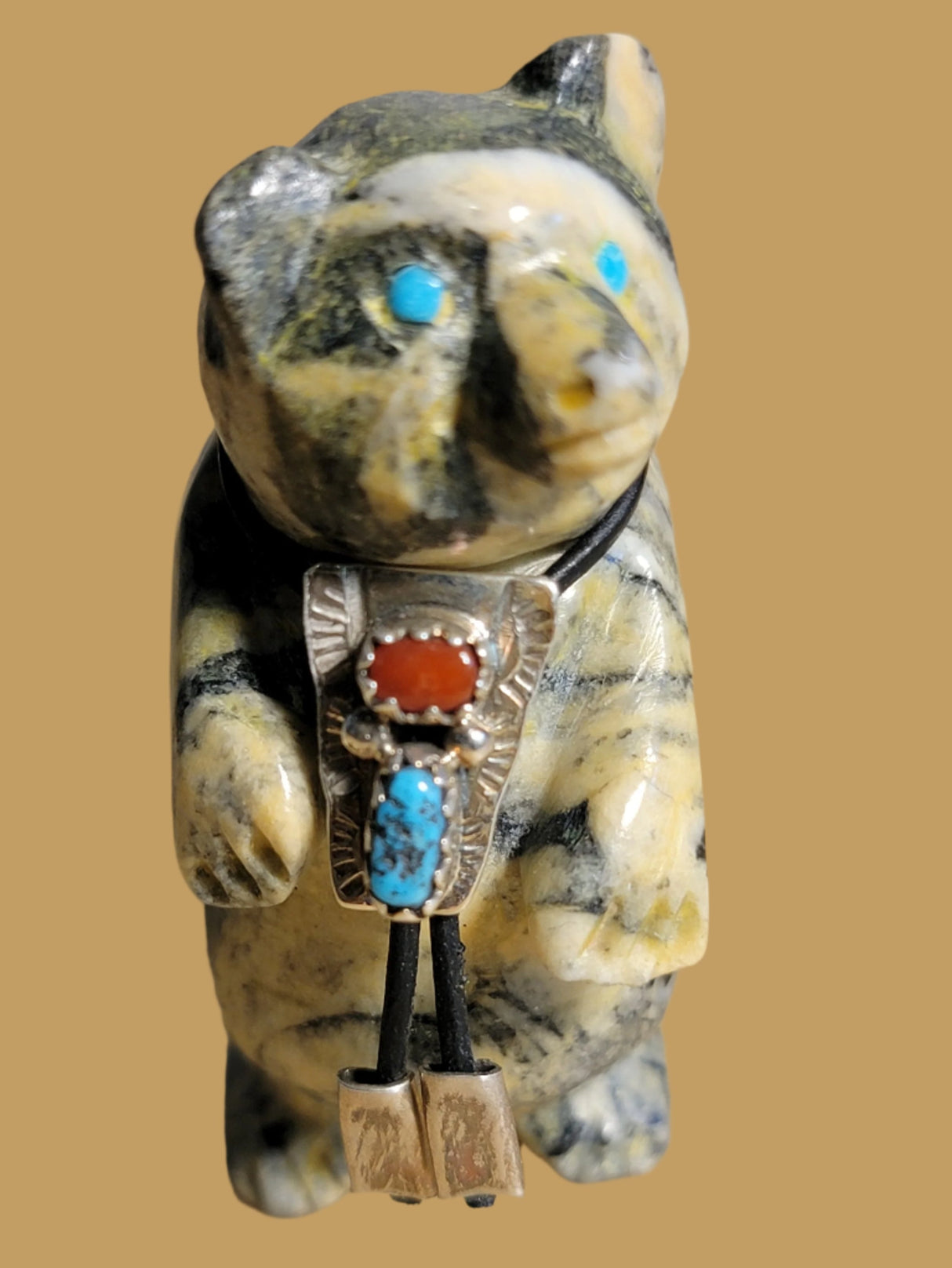 Pinolite Bear w/ Sterling Silver, Coral and Turquoise Bolo Tie