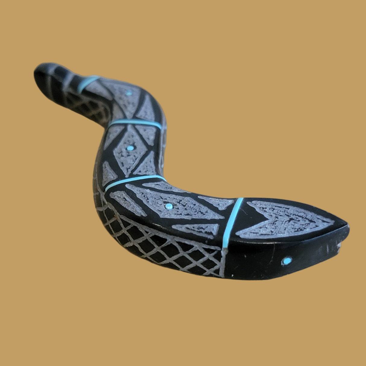 Etched and Inlaid Black Marble Snake Zuni Fetish