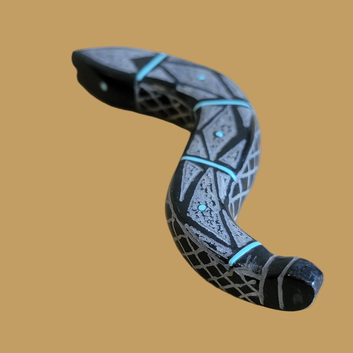 Etched and Inlaid Black Marble Snake Zuni Fetish