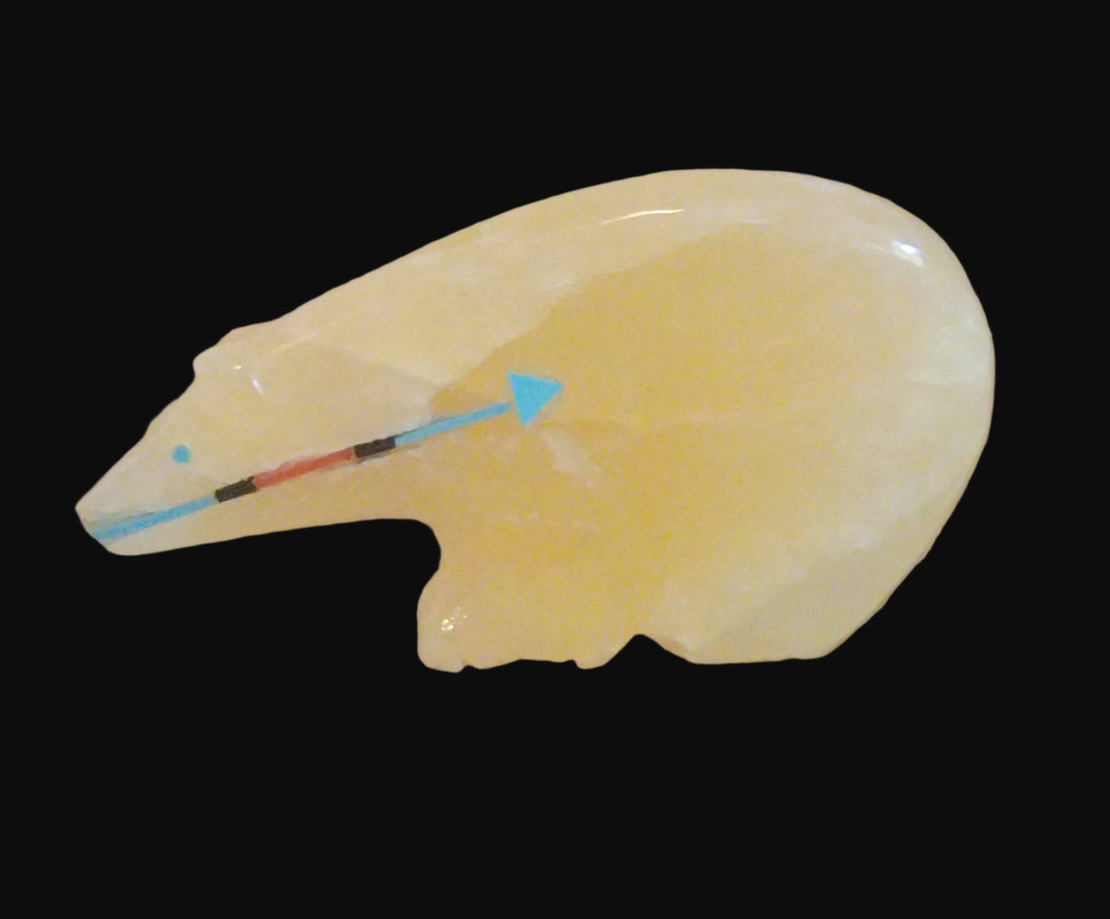 Calcite Long Neck Fancy Inlaid Zuni Fetish Bear