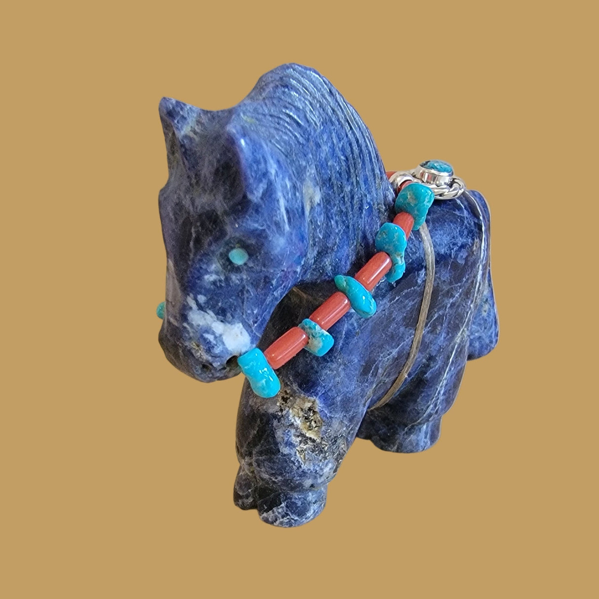 Fancy Sodalite Pony/Horse w/ Sterling Jewelry and Amazing Bridle Zuni Fetish