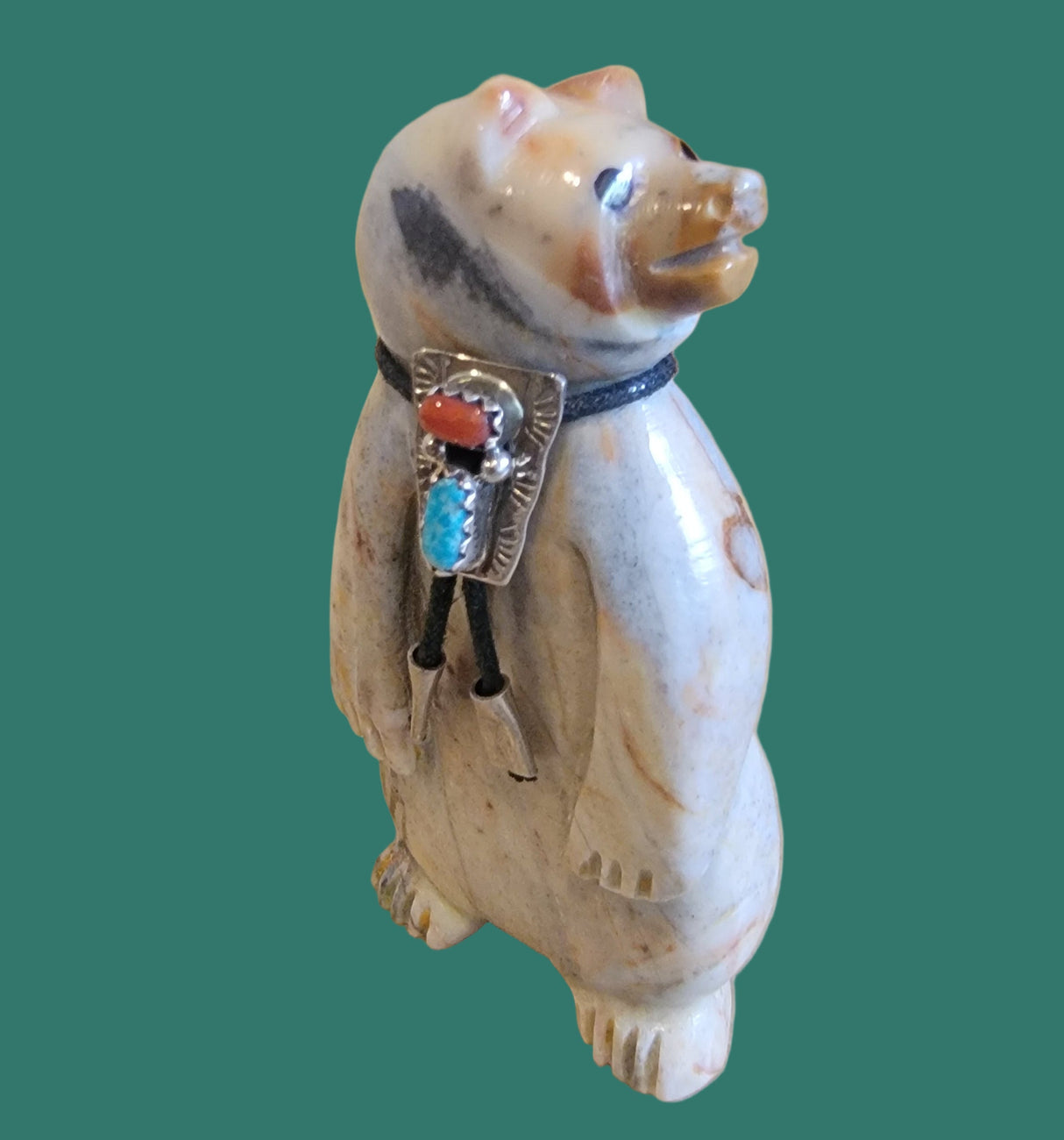 Proud Bear w/Sterling, Coral and Turquoise Bolo Tie Zuni Fetish