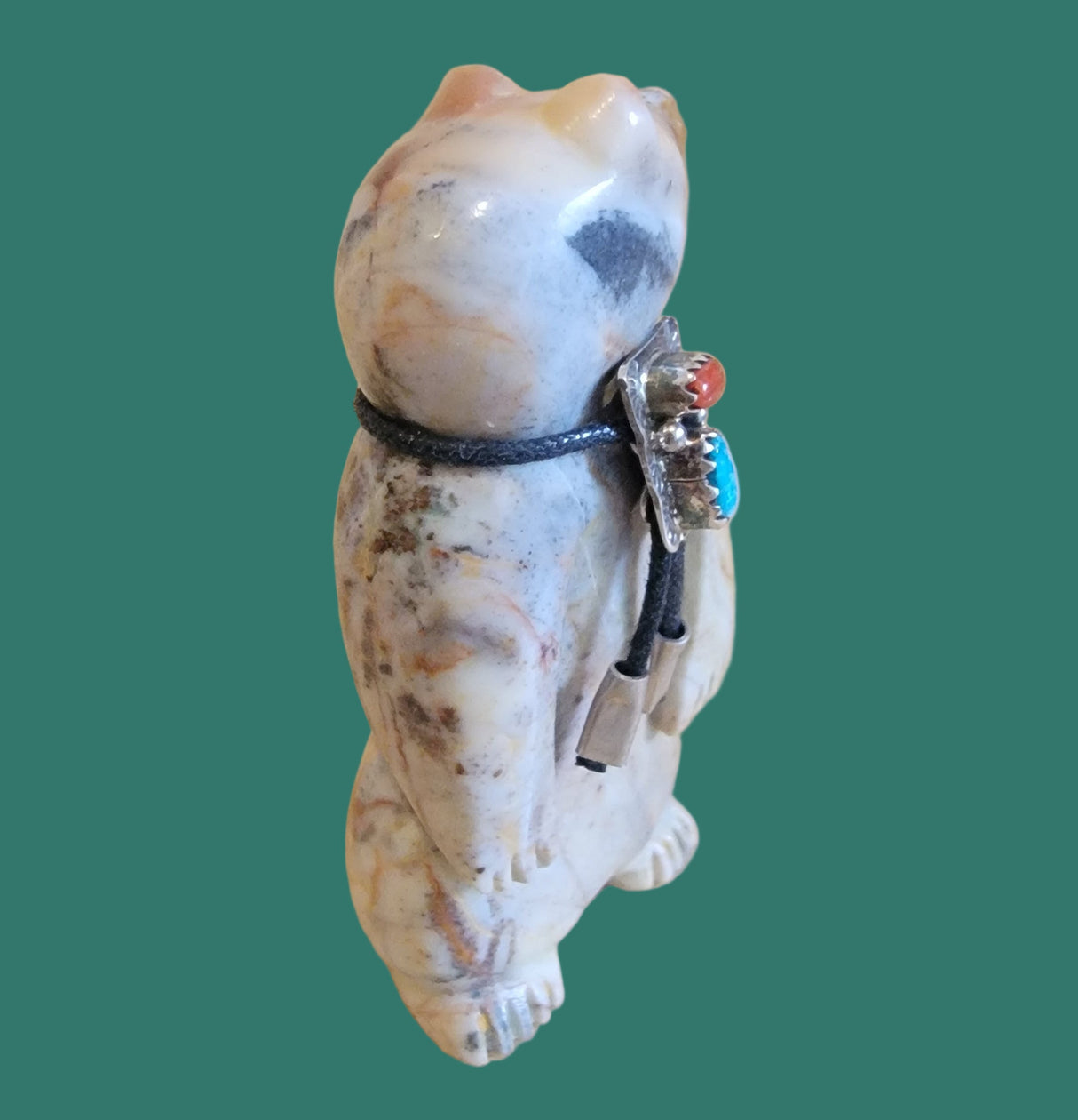 Proud Bear w/Sterling, Coral and Turquoise Bolo Tie Zuni Fetish
