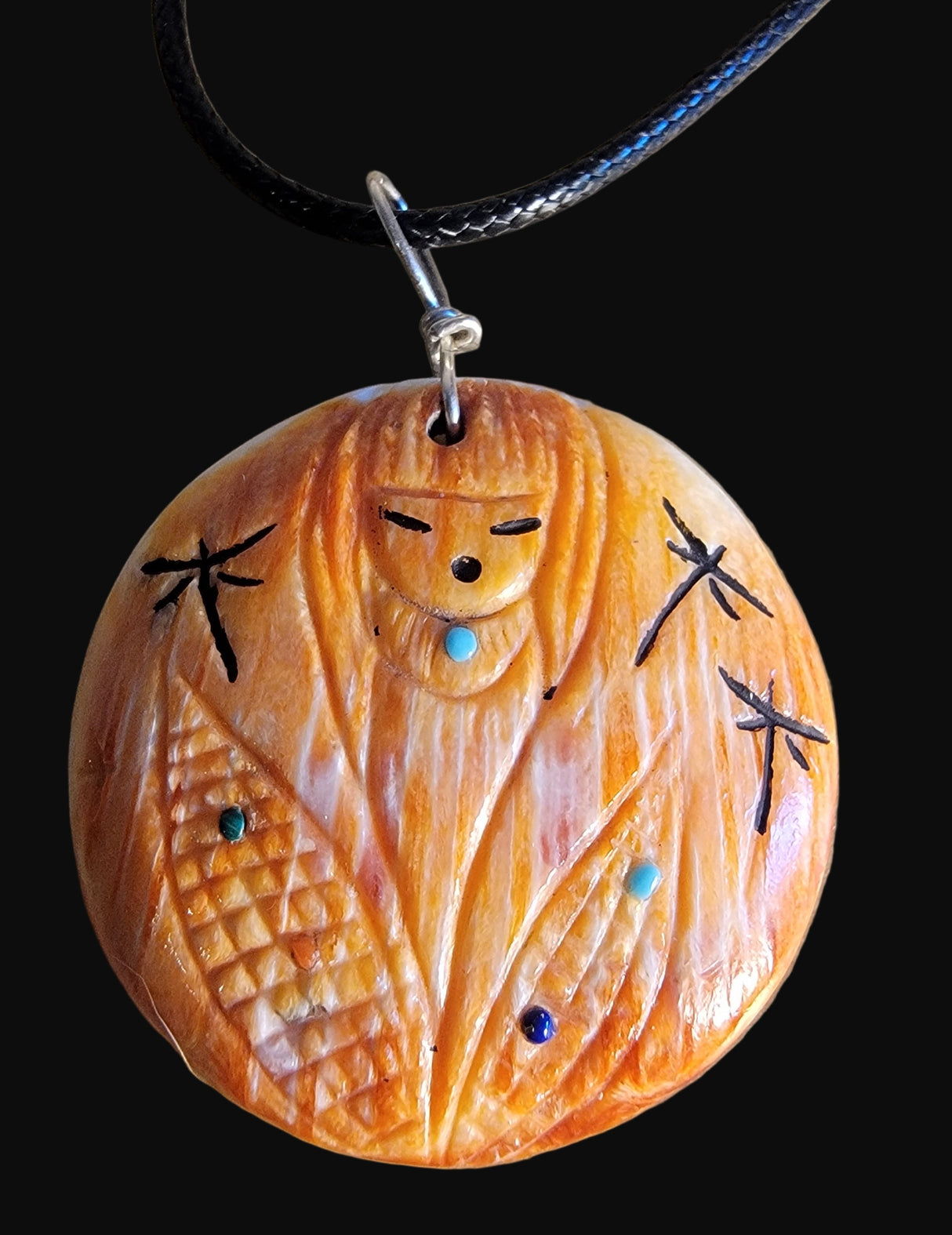 Spiny Oyster Shell Double Sided Corn Maiden Medallion Style Zuni Necklace Indian Jewelry