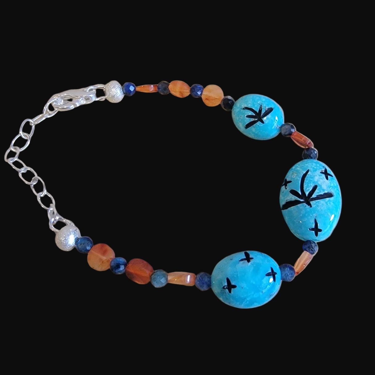 Nacozari Turquoise, Kyanite and Carnelian Bracelet w/Zuni Maiden/Dragonflies and Stars Indian Jewelry