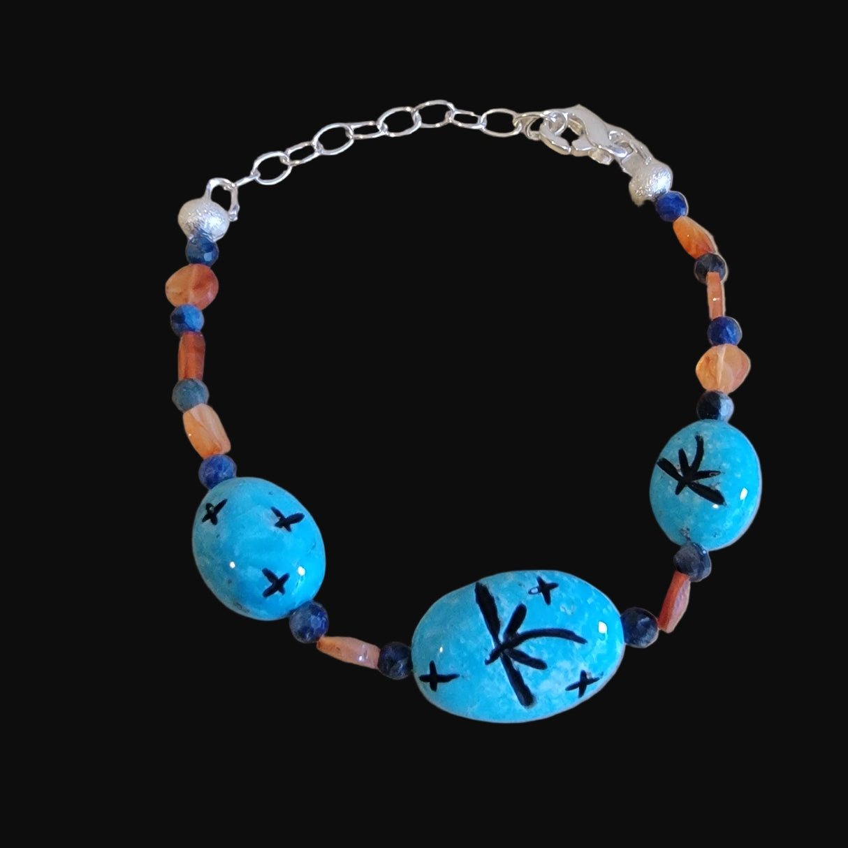 Nacozari Turquoise, Kyanite and Carnelian Bracelet w/Zuni Maiden/Dragonflies and Stars Indian Jewelry