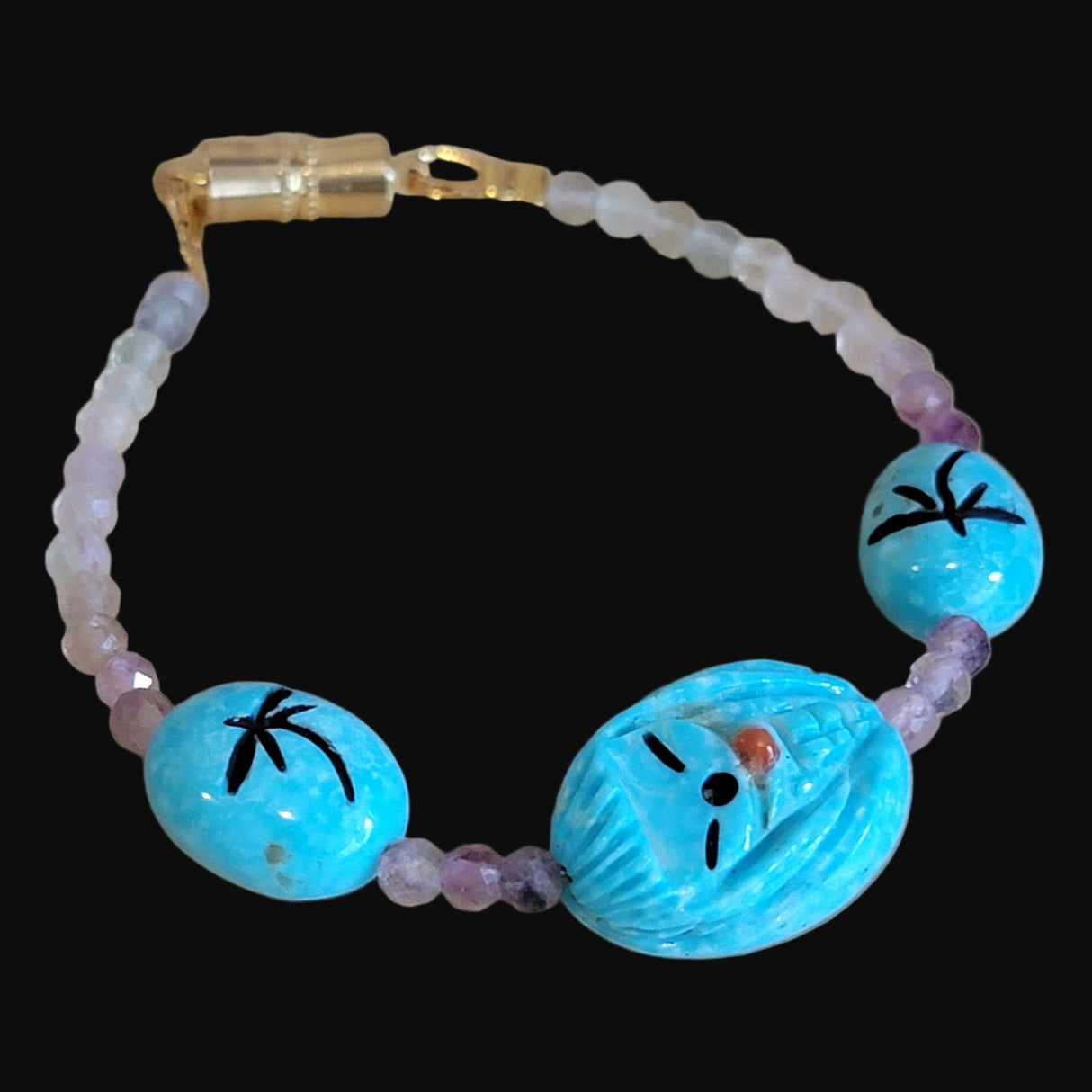 Nacozari Turquoise w/Rainbow Fluorite Beads Zuni Maiden w/Dragonflies and Stars Bracelet Indian Jewelry
