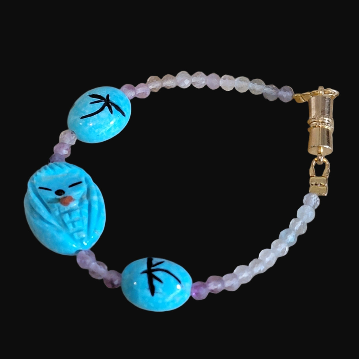 Nacozari Turquoise w/Rainbow Fluorite Beads Zuni Maiden w/Dragonflies and Stars Bracelet Indian Jewelry