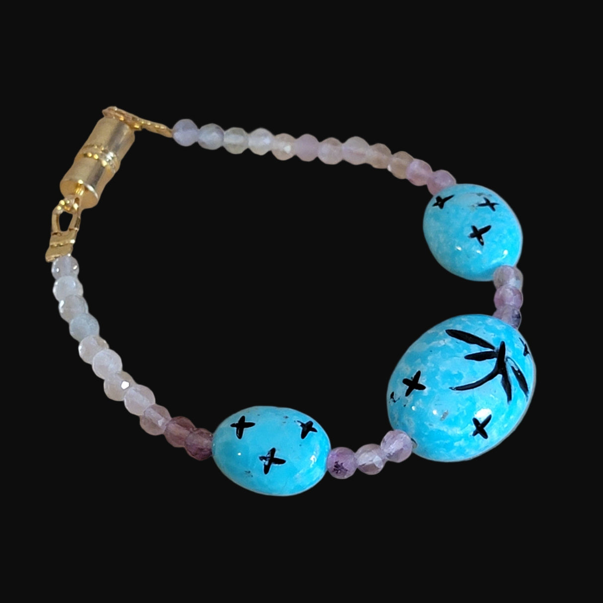 Nacozari Turquoise w/Rainbow Fluorite Beads Zuni Maiden w/Dragonflies and Stars Bracelet Indian Jewelry
