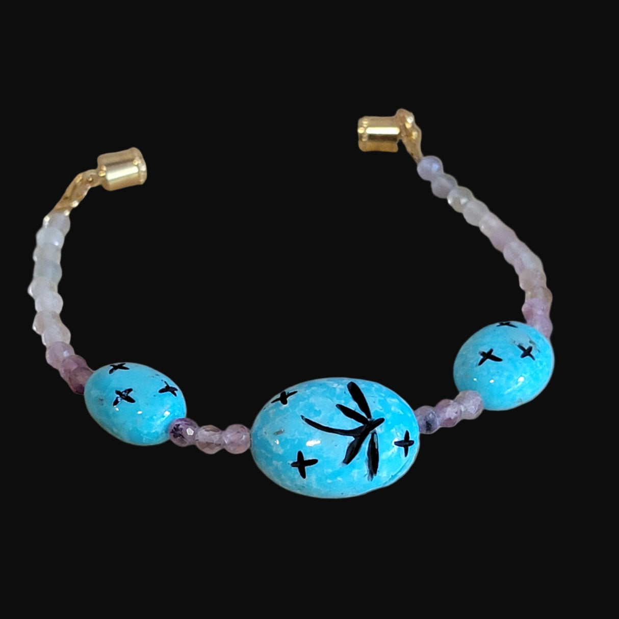 Nacozari Turquoise w/Rainbow Fluorite Beads Zuni Maiden w/Dragonflies and Stars Bracelet Indian Jewelry