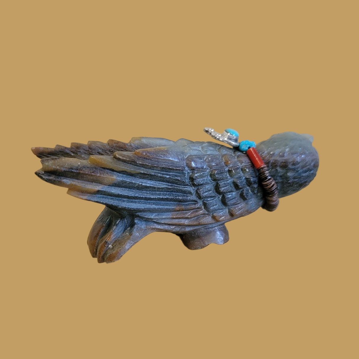 Long Winged and Watchful Fluorite Owl w/ Sterling Silver Pendant Zuni Fetish