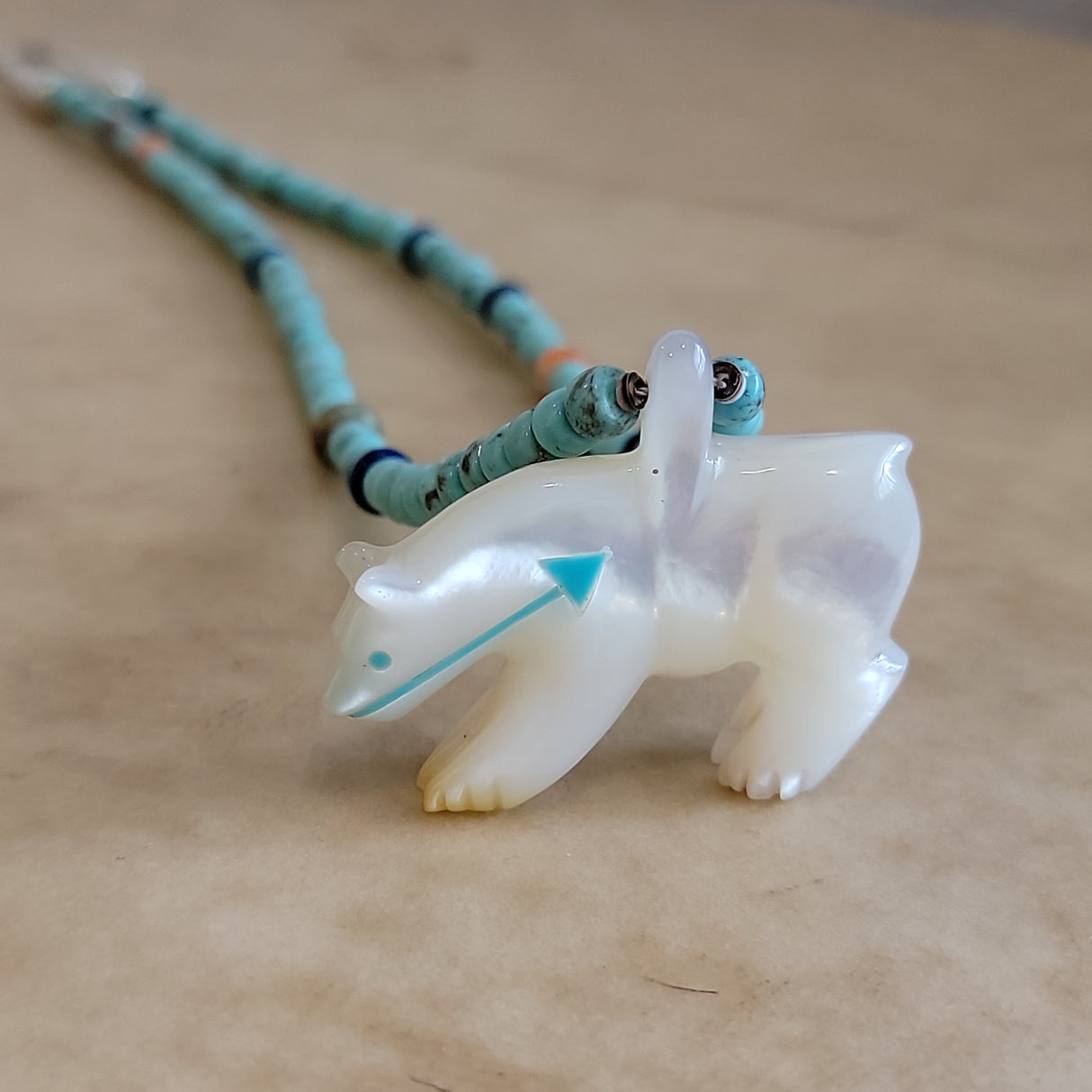 Mother of Pearl Zuni Fetish Mountain Lion Zuni Fetish Necklace