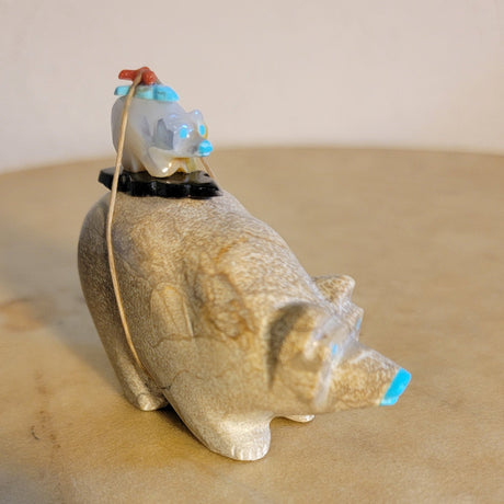 Double Travertine and Mother of Pearl Bears Zuni Fetish