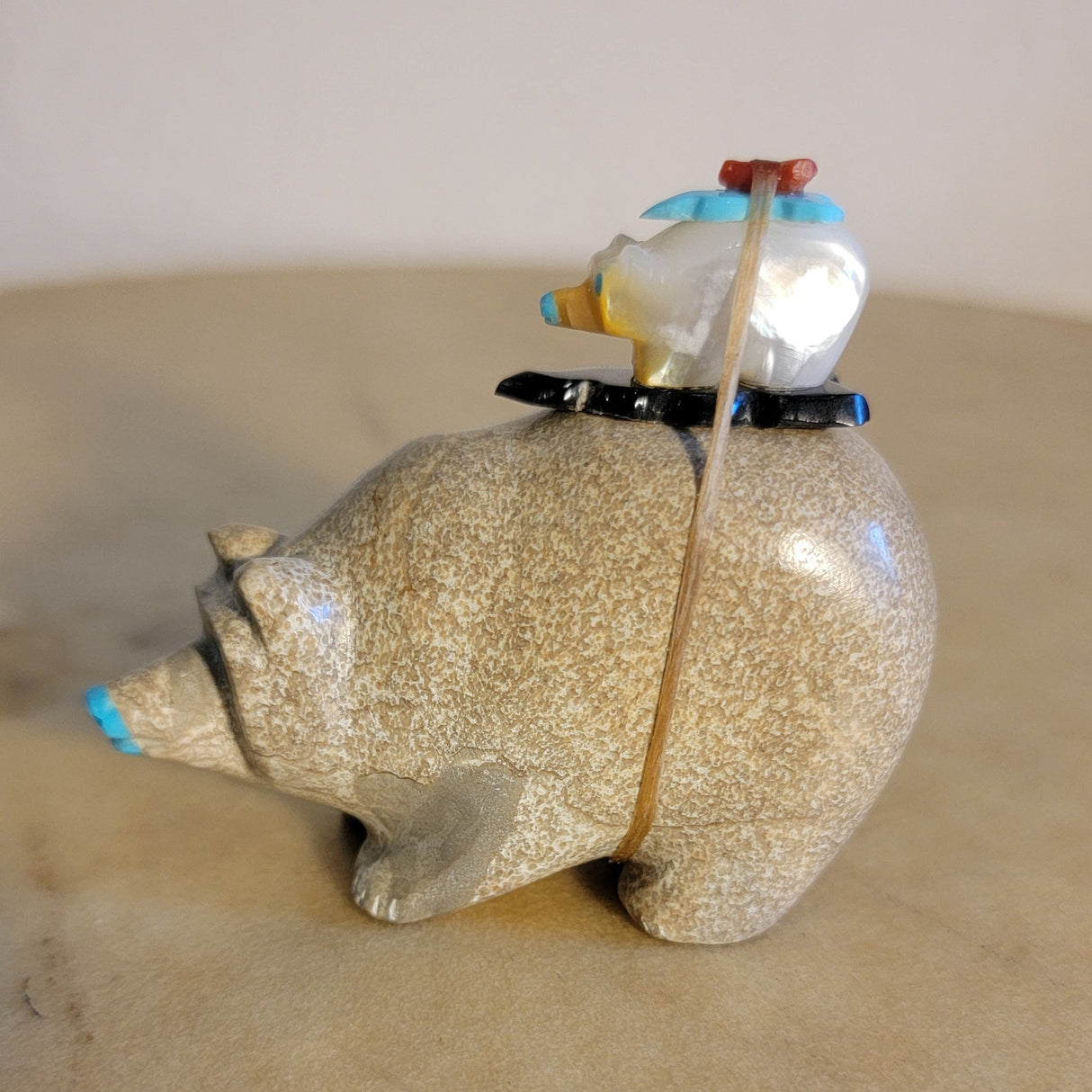 Double Travertine and Mother of Pearl Bears Zuni Fetish