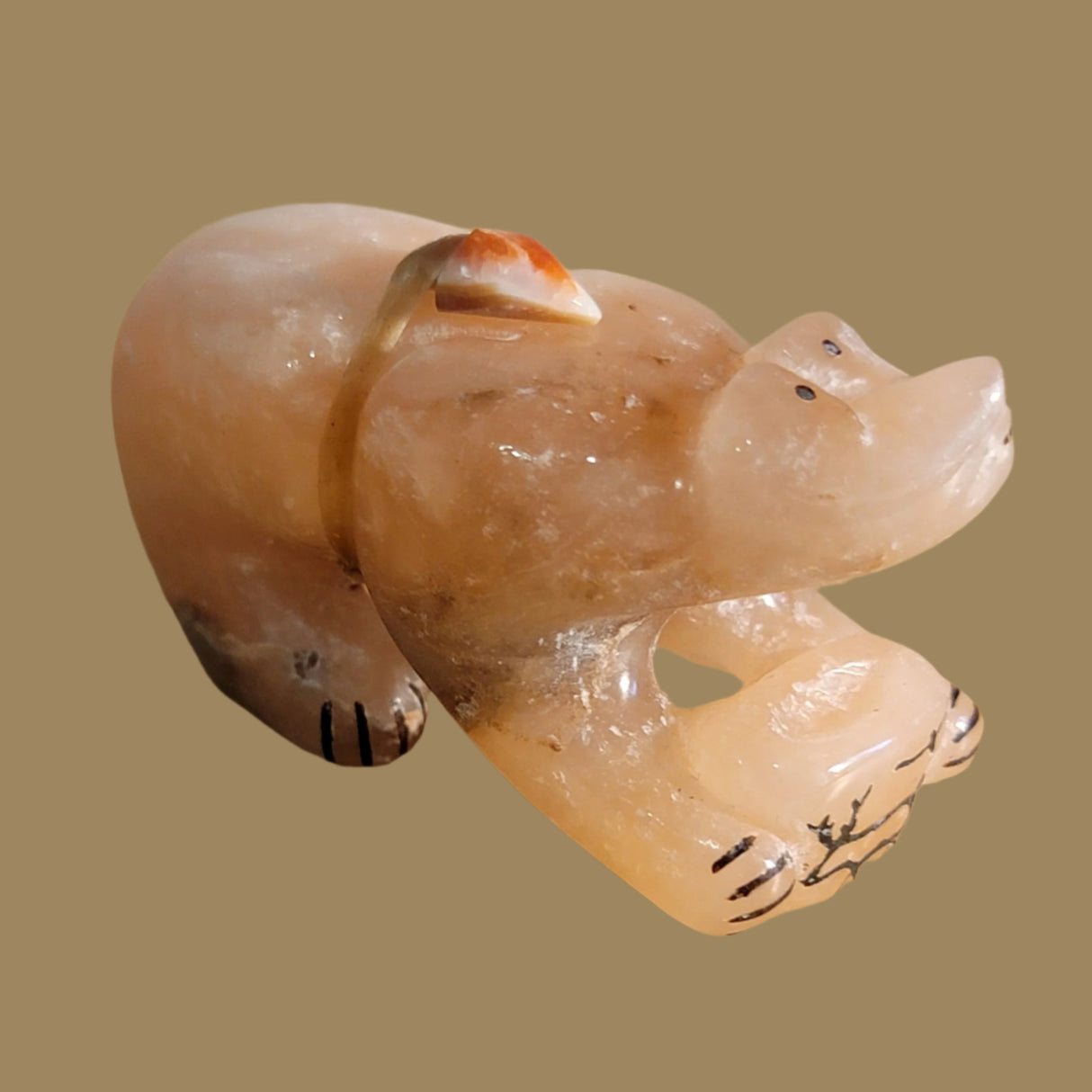 Peach Alabaster Bear w/Pottery Bowl Zuni Fetish