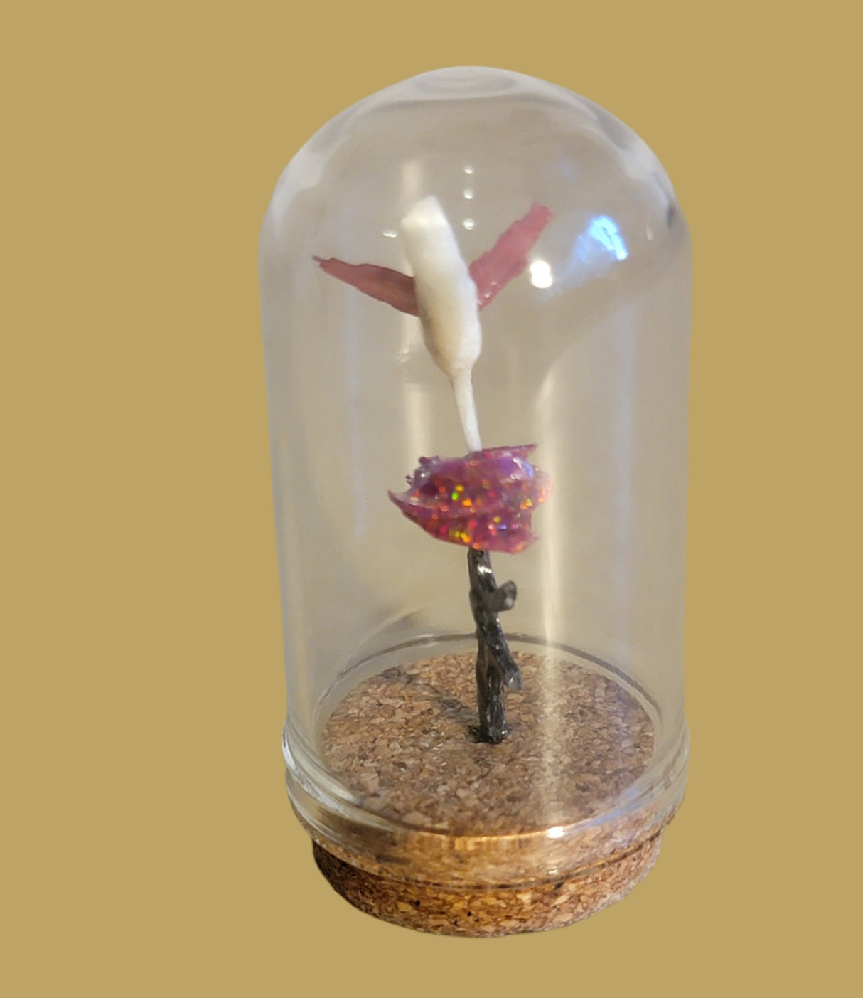 Hummingbird Fetish w/Rose in Miniature Glass Dome Zuni Fetish