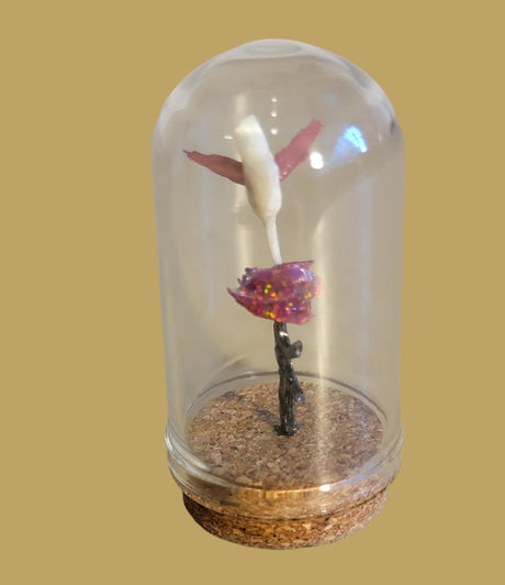 Hummingbird Fetish w/Rose in Miniature Glass Dome Zuni Fetish