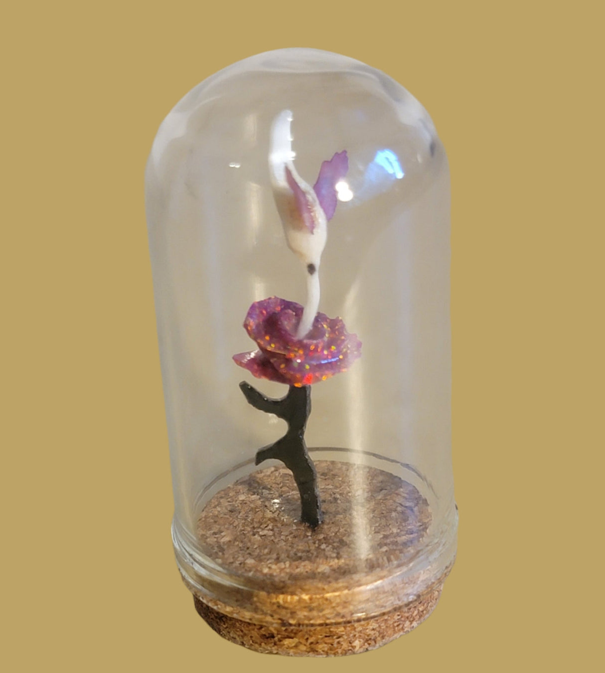 Hummingbird Fetish w/Rose in Miniature Glass Dome Zuni Fetish