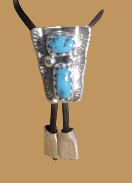 Darling Dolomite Bear w/Fancy Sterling Silver and Turquoise Bolo Tie Zuni Fetish