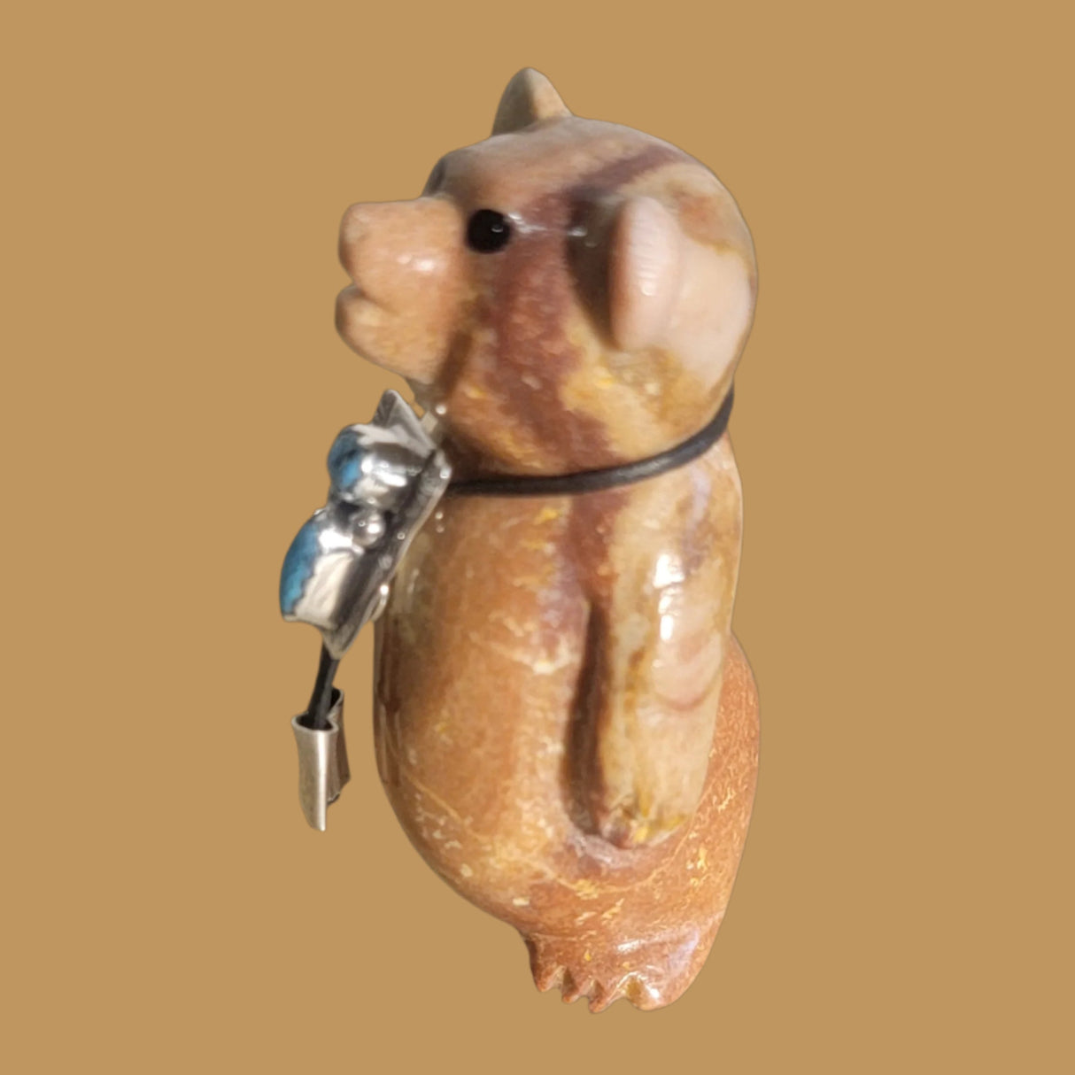 Darling Dolomite Bear w/Fancy Sterling Silver and Turquoise Bolo Tie Zuni Fetish