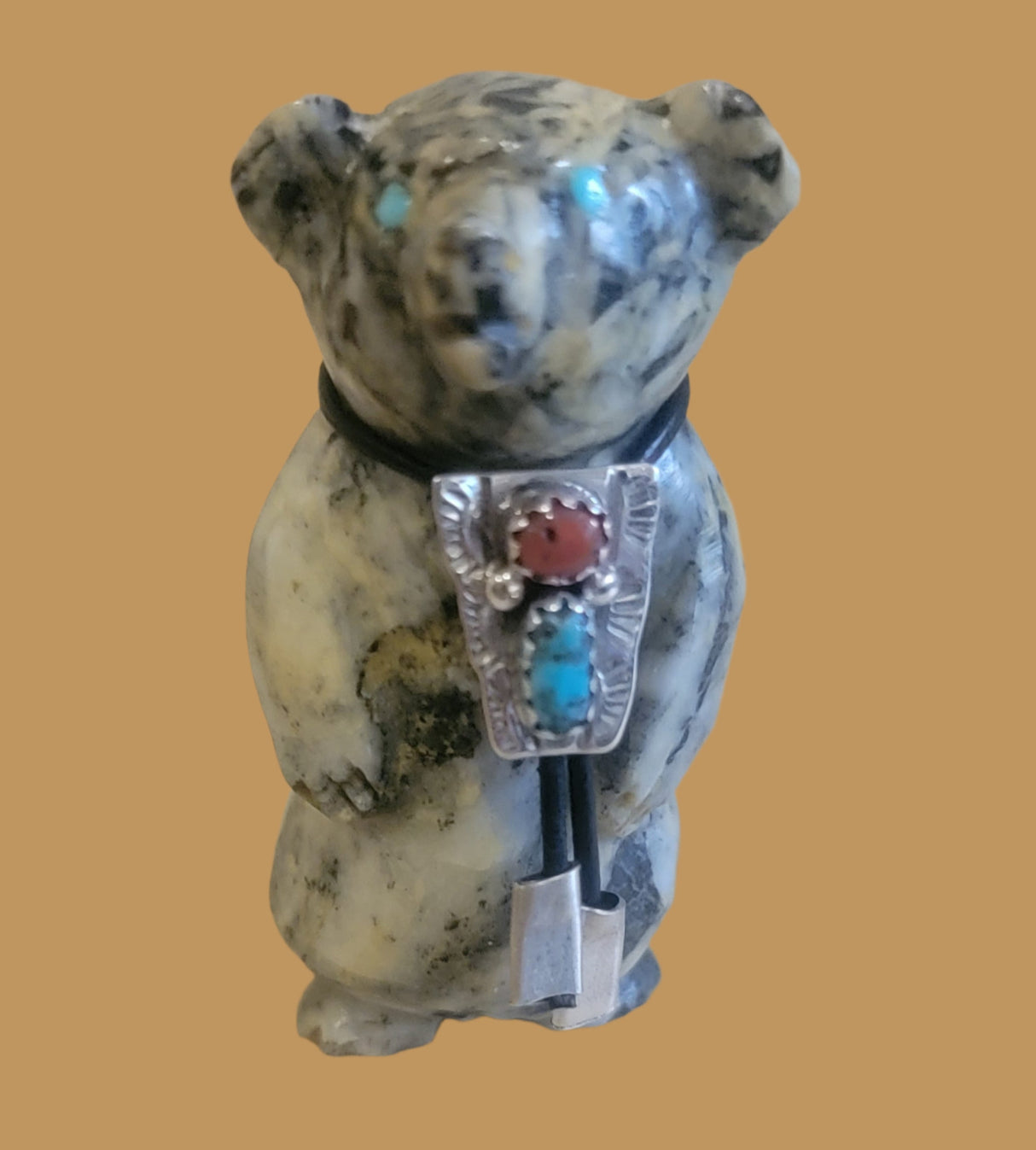 Dressed Up Pinolite Bear w/sterling Silver Bolo Tie Zuni Fetish