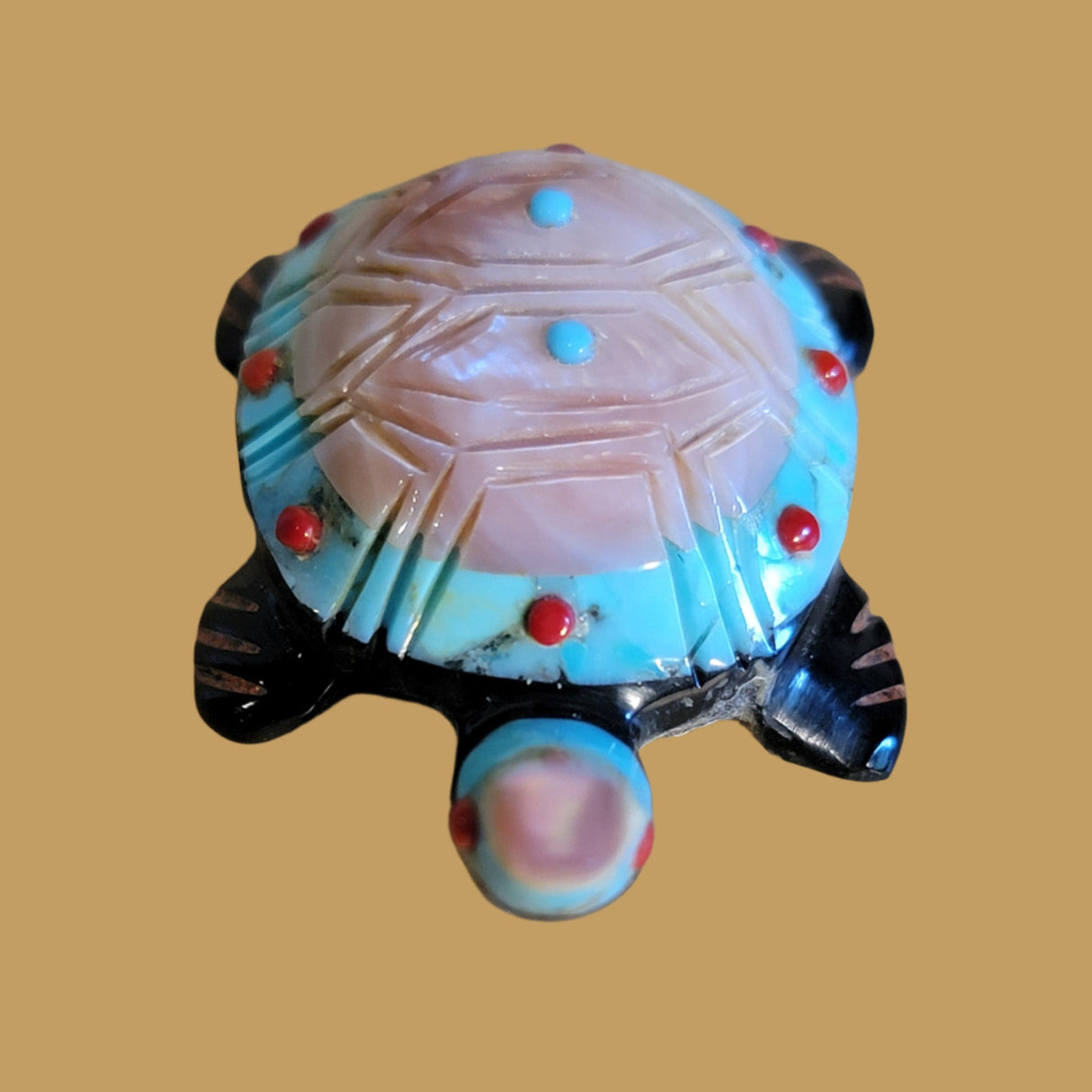 Beautiful Stone and Shell Layered Turtle Zuni Fetish